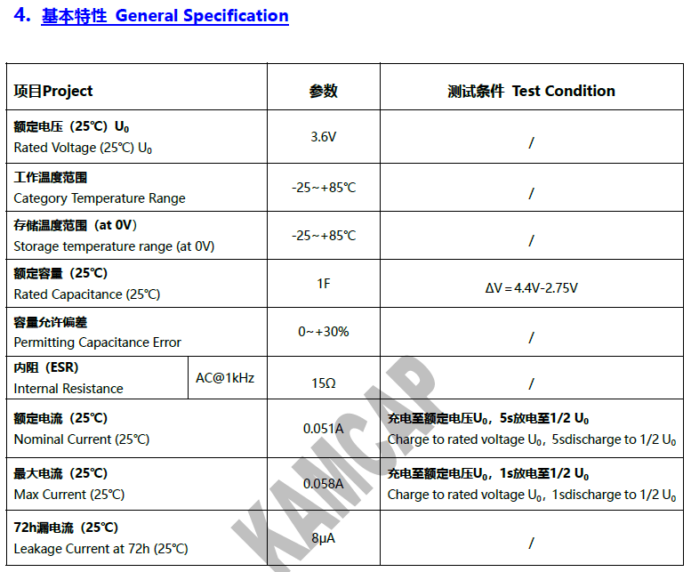 3.6V 1.0F-H型纽扣常规法拉电容器HT-3R6-D105VYH3C基本特性