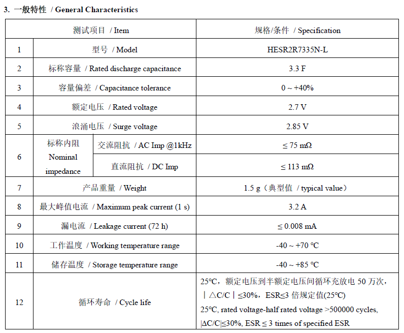 精工/JGNE圆柱式2.7V 3.3F超级法拉电容器HESR2R7335N-L一般特性