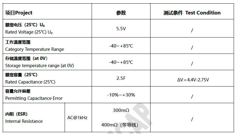 行车记录仪5.5V2.5F超级电容器法拉电容模组HT-5R5-Z255UYL07(B211)(N05)参数特性说明表