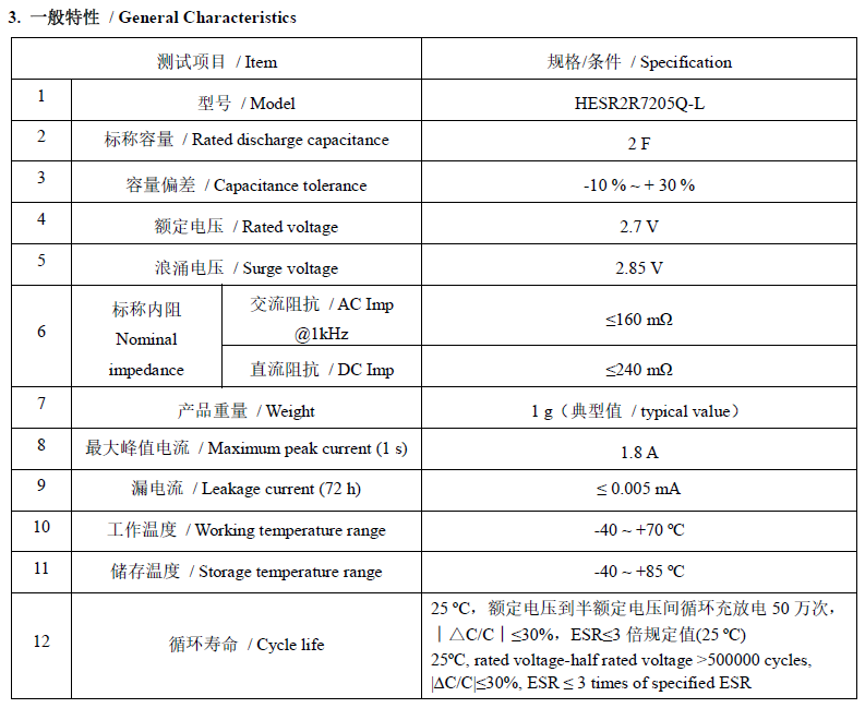 精工2.7V 2F圆柱超级法拉电容器HESR2R7205Q-L参数说明