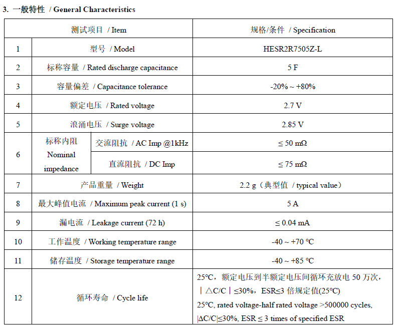 2.7V 5F圆柱超级电容器HESR2R7505Z-L一般特性